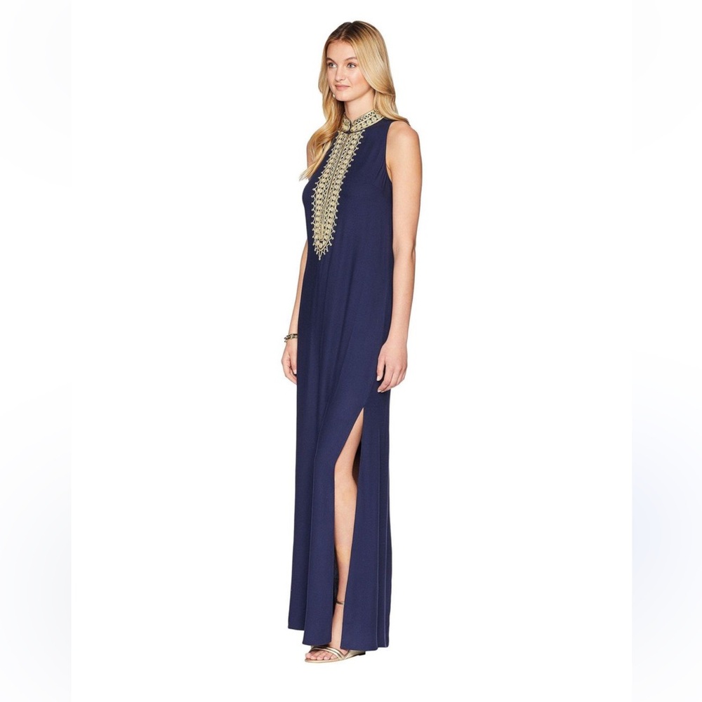 Lilly Pulitzer Jane Maxi Dress in True Navy & Gold Detailing on Neckline.Size 4